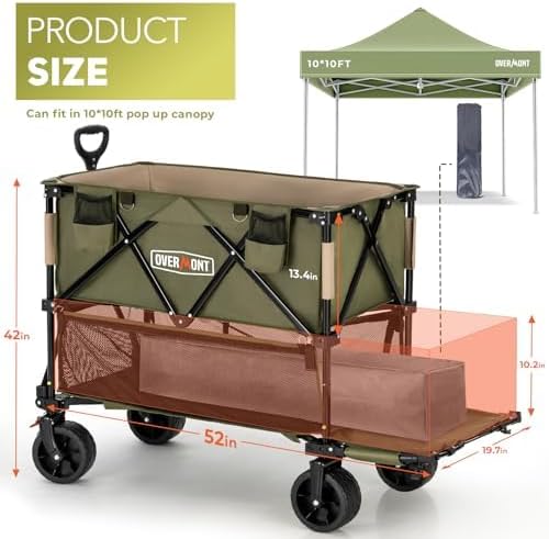 Overmont 400L Foldable Double Decker Wagon - Large Capacity Collapsible Wagon Cart- 52" Extra Long Extender - All-Terrain Big Wheels for Camping Sports School Season, Support Up to 450lbs