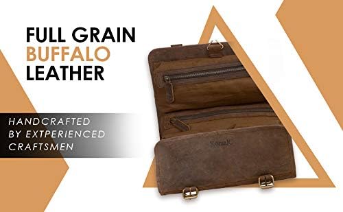 KomalC Premium Buffalo Leather Hanging Toiletry Bag Travel Dopp Kit