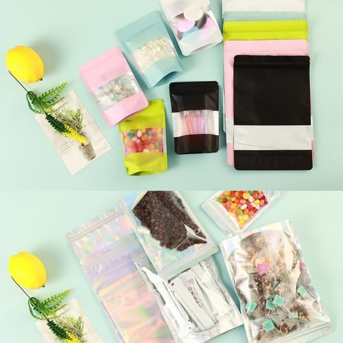 200 Pcs Mylar Bags for Food Storage 6x9 Mylar Bag with Window, Stand Up Holographic Resealable Bags for Food, Smell Proof Bag Freeze Dried Candy Sealable Pouch Jewelry Bracelet Packaging