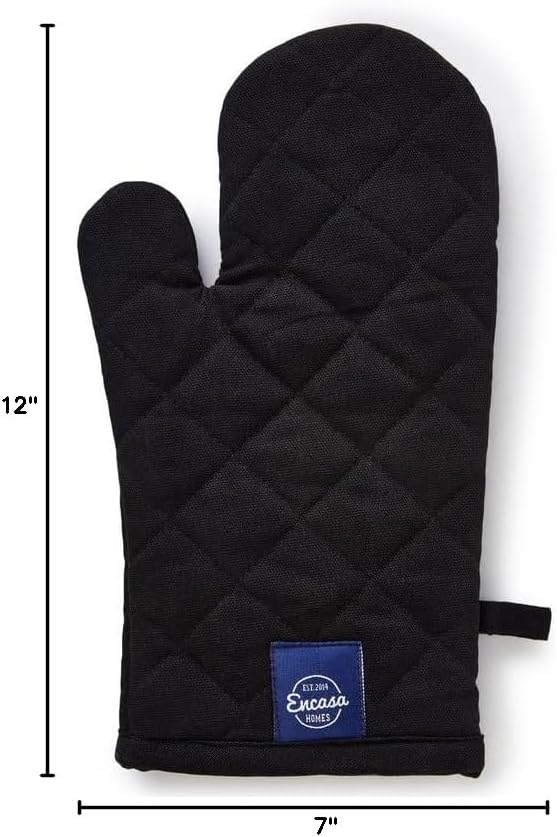 Encasa Heat Resistant Cotton Oven Gloves Mitts (2 Pc Set) - Quilted & Safe 12x7 in - for Kitchen, Cooking & Baking, Grilling, Handling Hot Pots & Pans - Full Black