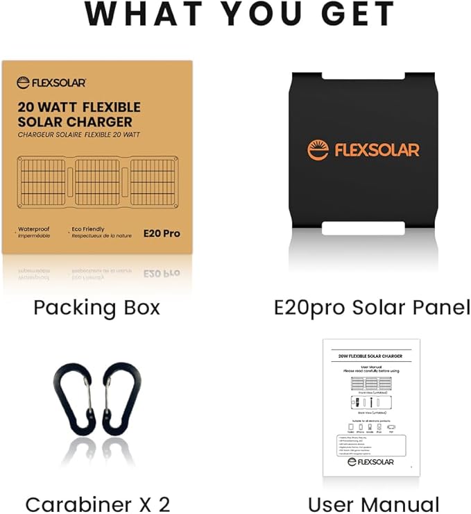 FlexSolar 20W Solar Panel Charger 5V USB-A USB-C Output Portable Foldable Small Power IP67 Waterproof Camping Backpacking Hiking Emergency for Phones Power Banks Flashlight Fans