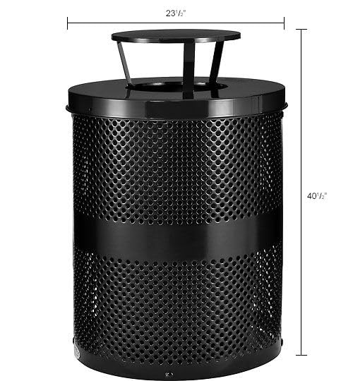 Global Industrial 32 Gallon Outdoor Perforated Steel Round Trash Can with Rain Bonnet Lid, Plastic Liner and Anchor Kit Included, 23-1/2" Diameter x 40-1/2"H, Black