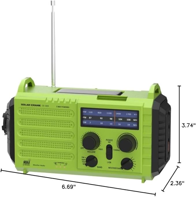 Emergency Weather Radio โ 18500mWh Portable AM/FM/SW/NOAA Radio with Solar Hand Crank, Rechargeable Battery, USB Charger, LED Flashlight, Reading Light, and SOS Alarm, for Home Outdoor (Green)