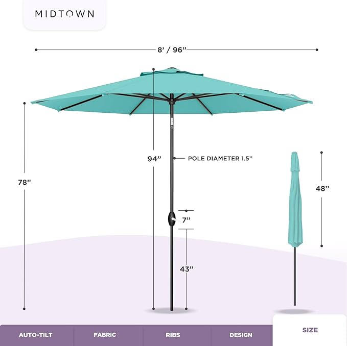 Midtown Umbrellas 10-Year-No-Fade - 8 Ft - UV Proof Pear (Green) Polyester Fabric - Umbrella Outdoor Patio, Auto-Tilt Aluminum Frame Patio Umbrella for Garden, Pool & Deck - Black Pole