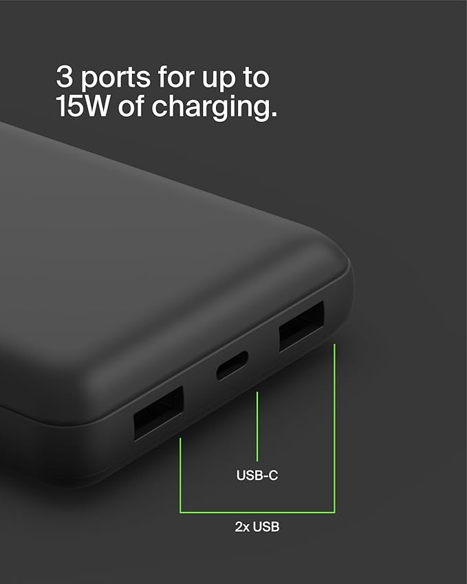 Belkin Portable Charger, USB-C Power Bank 20000 mAh w/ 2 USB-A Ports, 15W w/ Type-A to Type-C Cable for iPhone 17, Air, Pro, Pro Max, Samsung Galaxy S25, Google Pixel 10, etc. - Black
