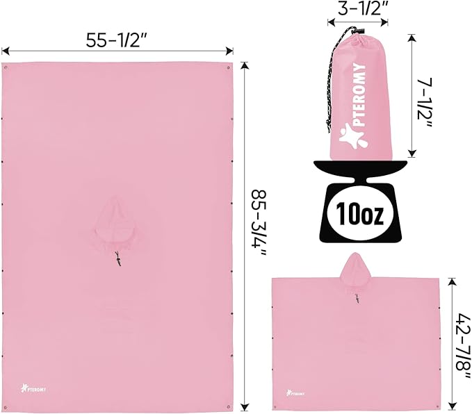 PTEROMY Hooded Rain Poncho for Adult with Pocket, Waterproof Lightweight Unisex Raincoat for Hiking Camping Emergency