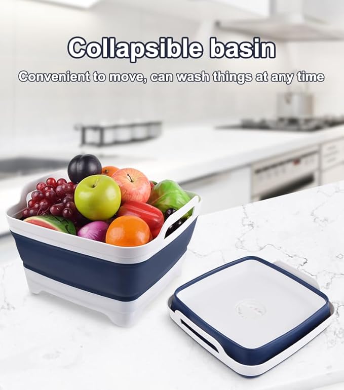 Collapsible Wash Basin 9L, Foldable Dish Tub with Drain Plug, Portable Collapsible Dish Basin, Camping Sink for Washing Dishes, Laundry & Kitchen Use (Navy Blue)