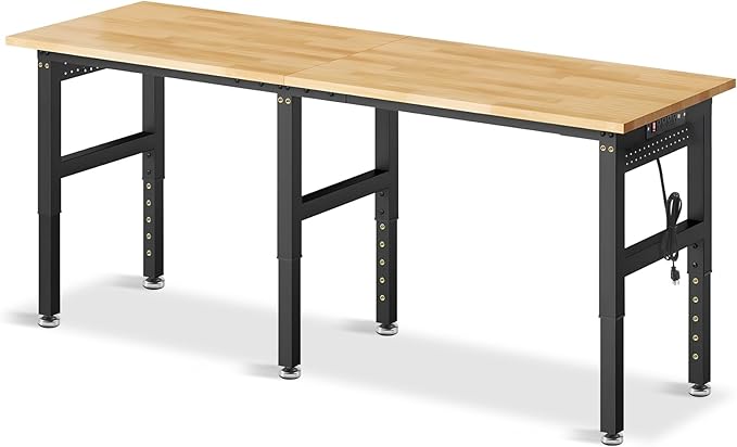 84” Adjustable Height Workbench, 5000 LBS Heavy Duty Table Rubber Wood Workstation with Power Outlet & Pegboard for Garage, Office, Workshop, Home,Commercial