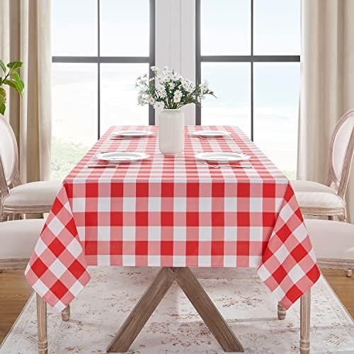 Softalker Gingham Checkered Rectangle Tablecloth - Waterproof Buffalo Plaid Table Cloth Stain Resistant Polyester Table Cover for Picnic/Camping/Outdoor - Red and White, 2 Pack - 60 x 120 Inch