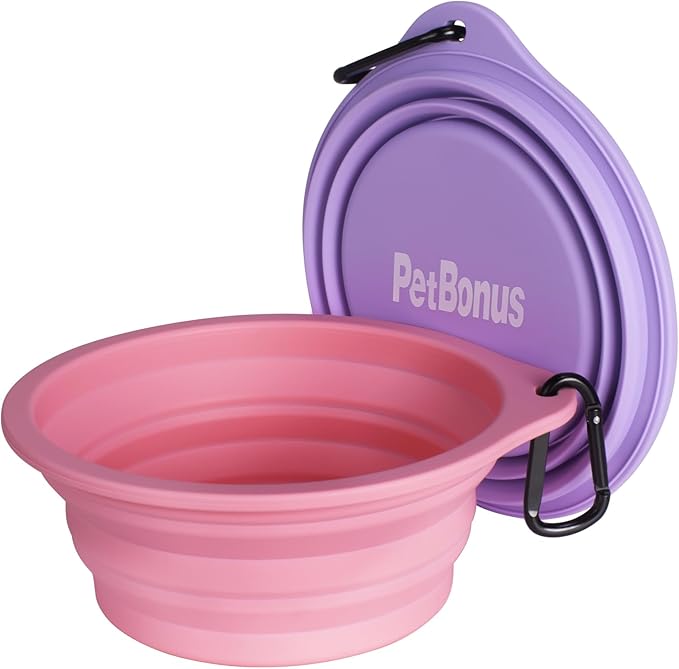 PetBonus 2-Pack Large Silicone Collapsible Dog Bowls, 34oz/1000ml BPA Free Portable Foldable Travel Bowl for Pet Cat, Food Water Feeding Dish for Camping with 2 Carabiners (Purple, Pink)