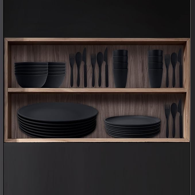 Wheat Straw Plate and Bowl sets with cups and cutlery set of 64- Unbreakable Dinnerware sets service for 8 - Microwave and Dishwasher safe dish sets for kitchen,camping.Black