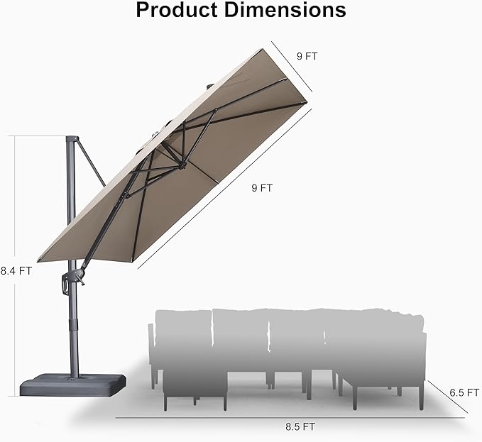 PURPLE LEAF 9 FT Cantilever Patio Umbrella Outdoor Aluminum Offset Square Umbrella with 3 Years Fade Resistance Recycled Fabric and 360-degree Rotation for Deck Pool Garden, Ash Mocha