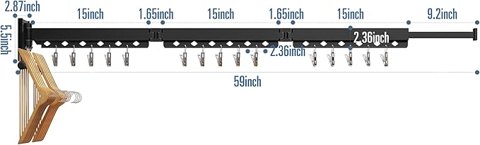 Wall Mounted Clothes Drying Rack - Retractable, Collapsible, Folding with Clips - Perfect for Laundry Room Organization