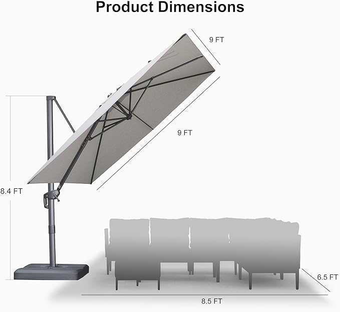 PURPLE LEAF 9 FT Cantilever Patio Umbrella Outdoor Aluminum Offset Square Umbrella with 3 Years Fade Resistance Recycled Fabric and 360-degree Rotation for Deck Pool Garden, Pebble Grey