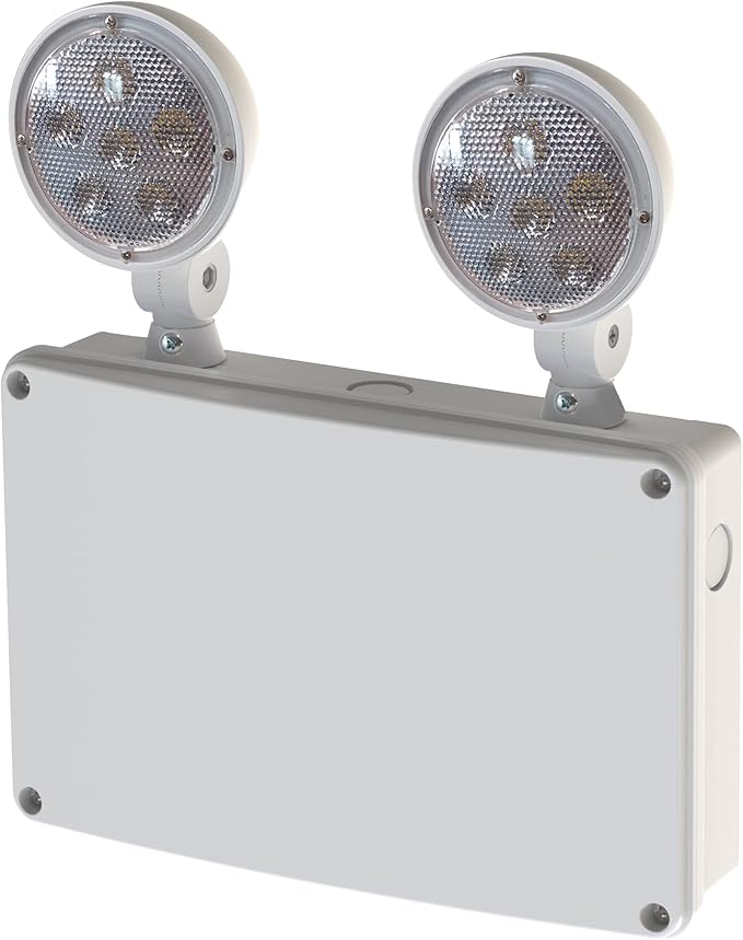 Waterproof LED Emergency Light, White housing, Dual Rotational LED Emergency Light with Backup Battery, Commercial Grade, Fire Resistant,Suitable for Wall Mount, Wet Location WMU
