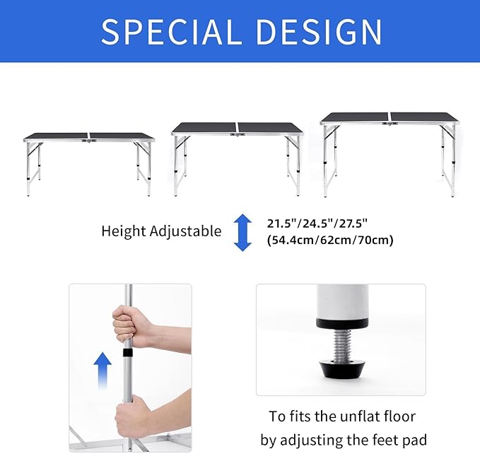 Folding Table Portable Picnic Table 4FT Camping Table Camp Table Black Aluminum Outdoor for Card BBQ 47×23.6×27/24/21 inch
