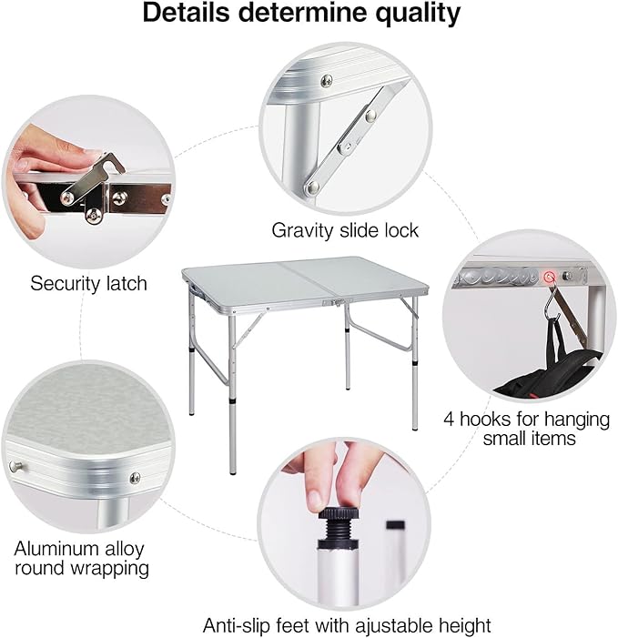 REDCAMP Aluminum Camping Table 3 Foot, Portable Folding Table Adjustable Height Lightweight for Picnic Beach Outdoor Indoor, White 36 x 24 inch