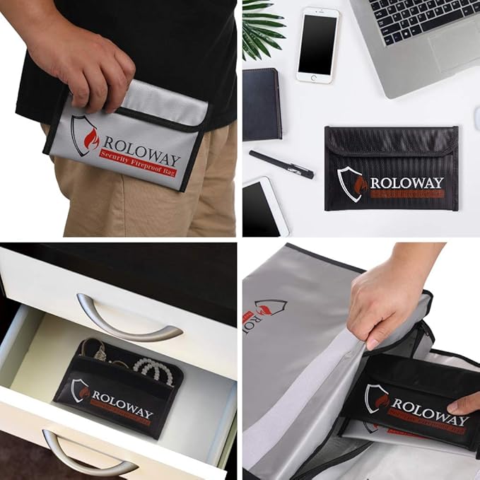 ROLOWAY Small Fireproof Bag (5 x 8 inches), Non-Itchy Fireproof Money Bag, Fireproof Cash Bag, Fireproof Envelope Bag for Cash, Passport, Currency & Keys (4-Pack)