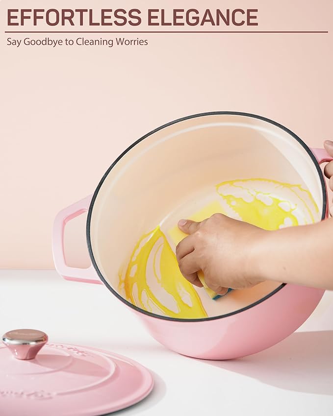 6 QT Dutch Oven Pot with Lid, Enameled Cast Iron Dutch Oven for Bread Making, Braiser, Cooking, Dual Handles, Oven Safe up to 500° F or on Stovetop, Gifts for Family - Pink