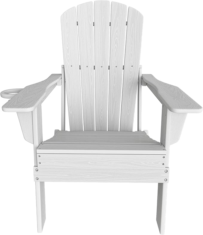 Folding Adirondack Chair, SGS Tested, Wooden Textured with Cup Holder, Heavy All-Weather HDPE Comfortable Set Poolside Backyard Lawn White