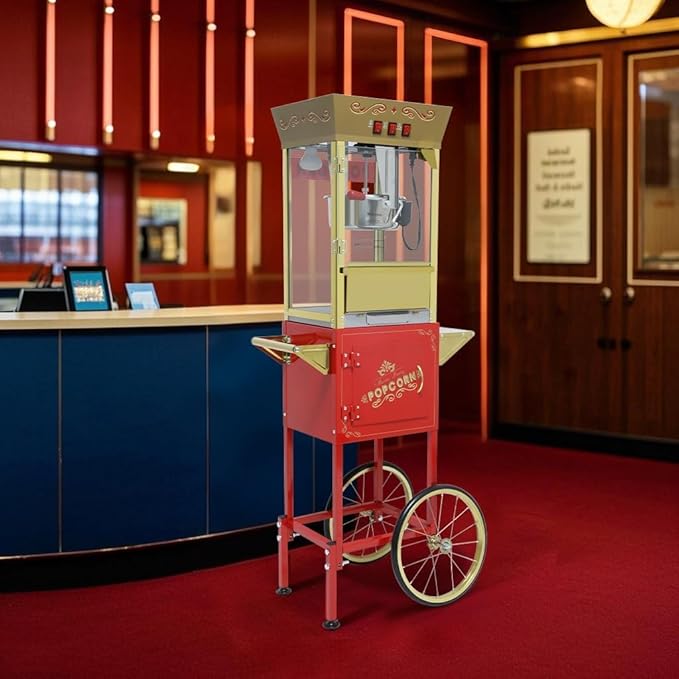 Popcorn Maker Machine - Professional Cart With 12 Oz Kettle Makes Up to 80 Cups, Stainless Steel Vintage Commercial Popcorn Machine Movie Theater Style (Red)