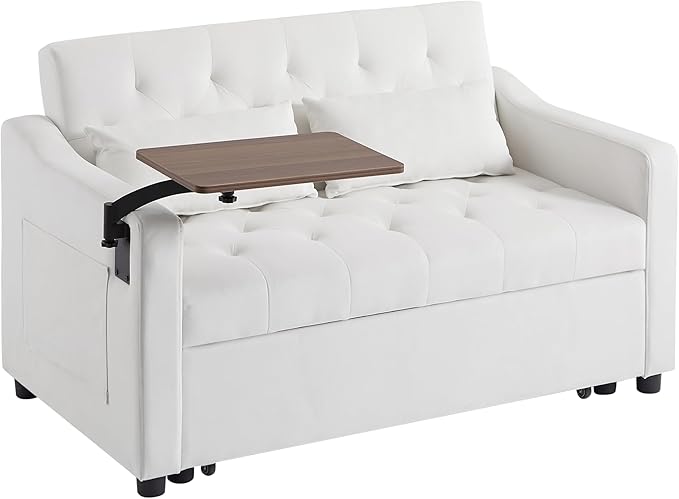 53.15" Convertible Sleeper Sofa Bed with Swivel Table, Adjustable Backrest & Side Pocket, Pull-Out Velvet Loveseat Futon for Small Spaces, Easy Assembly, 3-in-1 Couch Bed for Living Room