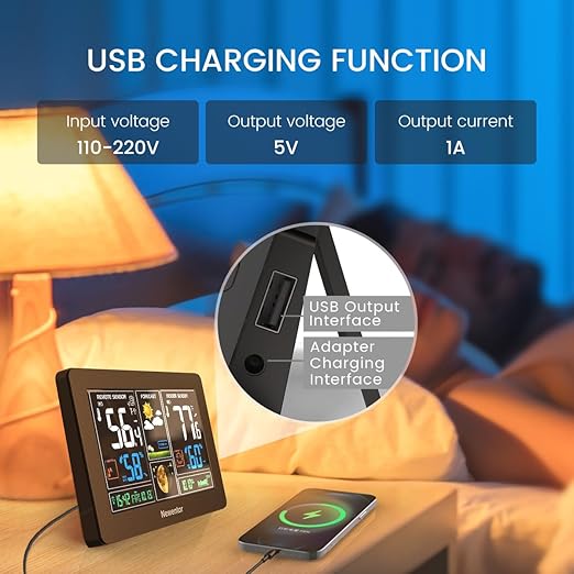 Newentor Weather Station Wireless Indoor Outdoor Thermometer, Color Display Digital Weather Thermometer with Atomic Clock, Barometric Pressure, Forecast Station with Adjustable Backlight,Black,3Sensor