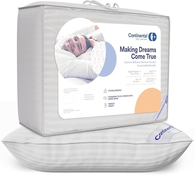 Continental Bedding | Serenity Goose Down Pillow | 700 Fill Power Hungarian White Down | 400TC Cotton Damask Shell | Made in USA | Queen, Medium with Protector