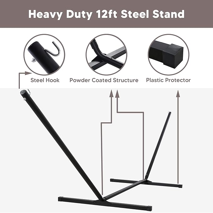 SUNCREAT Portable Hammock with Stand Included, Stand Alone Backyard Hammock for 2 Person, 450 lbs Capacity, Brown