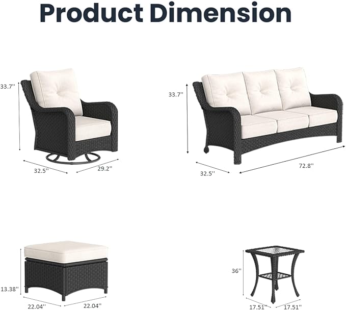 7 Pieces Outdoor Patio Furniture Sets with Rocking Swivel Chairs with 6-inch Thick Cushion and Side Table for Deck Lawn