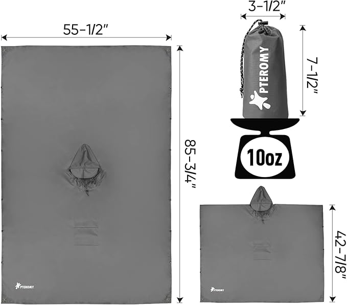 PTEROMY Hooded Rain Poncho for Adult with Pocket, Waterproof Lightweight Unisex Raincoat for Hiking Camping Emergency