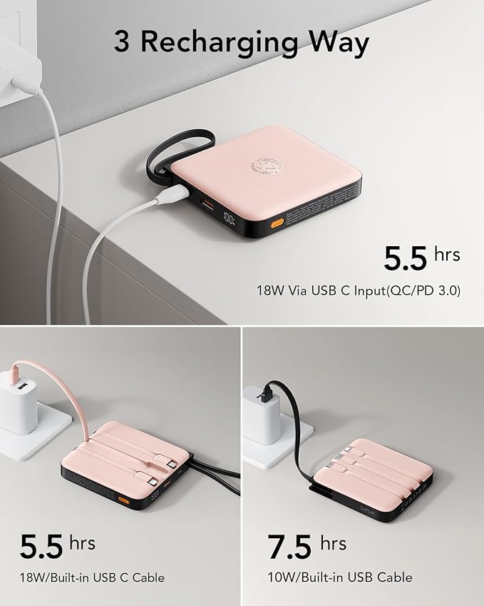 VRURC 20000mAh Power Bank Built-in Cables, Travel Essentials, Portable Charger 22.5W Fast Charging USB C Battery Pack, Phone Battery for iPhone 16 15 14 13 12 11 x Samsung Android Phone,Pink(1 Pack)