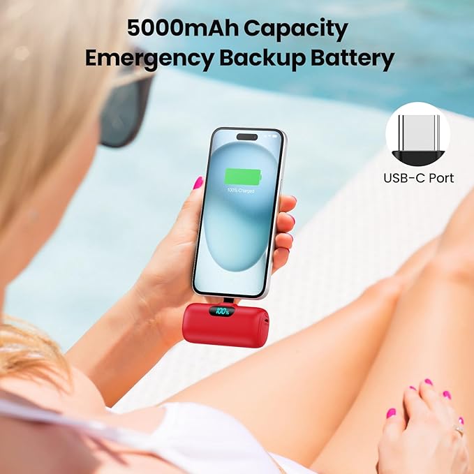 Mini Portable Charger USB C Power Bank,Upgraded 5000mAh PD Fast Charging Battery Pack Built-in USB-C Connector,LCD Display,Compatible with iPhone16,16 Plus,16Pro/Max/15,iPad Pro/Air,Android Phone etc
