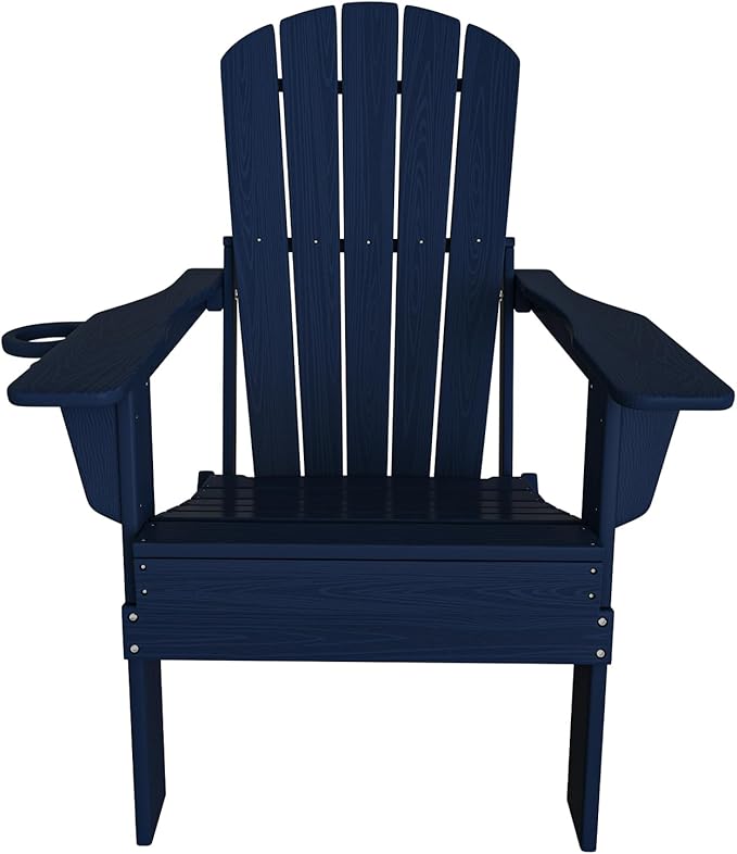 Folding Adirondack Chair, SGS Tested, Wooden Textured with Cup Holder, Heavy All-Weather HDPE Comfortable Set Poolside Backyard Lawn Navy Blue Set 4