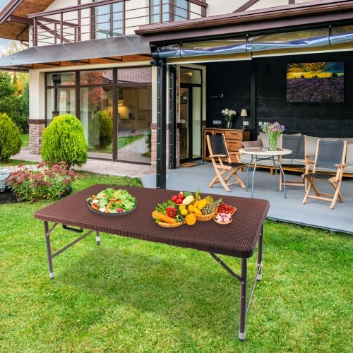 Rattan Folding Table 4ft Heavy-Duty Portable Outdoor Picnic Table for Party Dining Camping Tables with Handle(Brown)