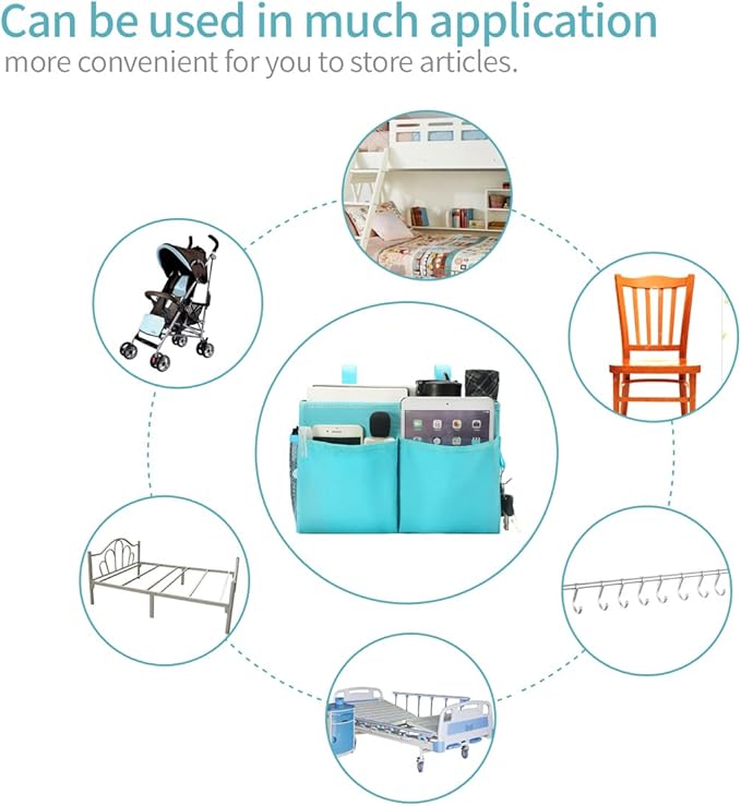 Bunk Bed Organizer, Bedside Caddy Hanging Bed Organizer Storage Bag with 4 Pockets and 2 Hooks, for College Dorm Rooms Bed, Hospital Bed, Baby Bed Rails, 600D Oxford Cloth (Light Blue)