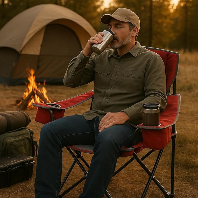 ARROWHEAD OUTDOOR 2-Pack Portable Folding Camping Quad Chair w/ 6-Can Cooler, Cup & Wine Glass Holders, Heavy-Duty Carrying Bag, Padded Armrests, Headrest & Seat, Supports up to 550lbs