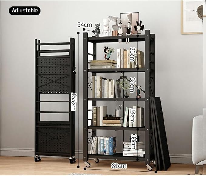 4-Tire Storage Rack, Height Adjustable, 32 * 13 * 61in Foldable Metal Garage Storage Shelves Organizer, Portable Metal Kitchen Shelving, Closet Shelving Unit Bakers Rack (Black 5 Shelfs)