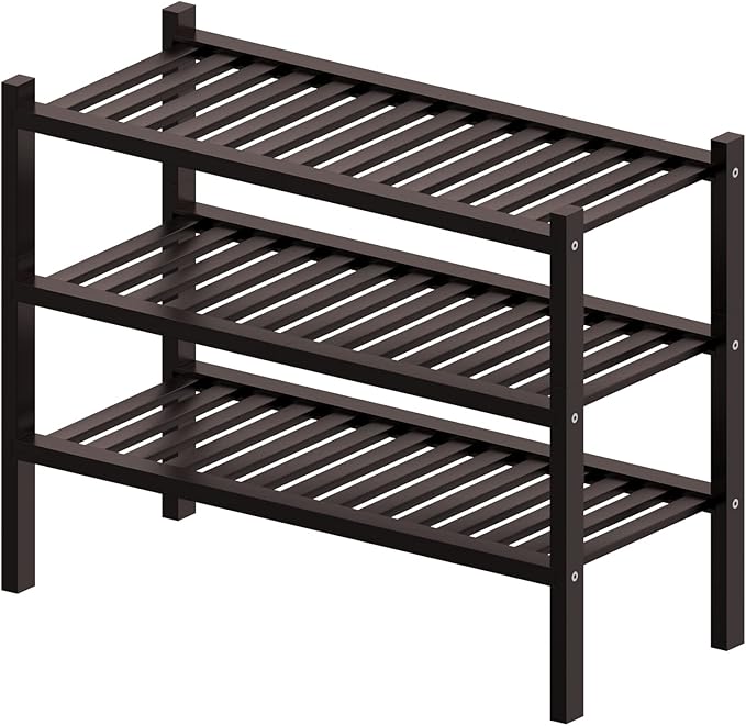 3 Tier (Thick) Bamboo Shoe Rack for Closet Free Standing Wood Shoe Shelf for Entryway Small Space Stackable 27"x12"x21" (Black Brown)