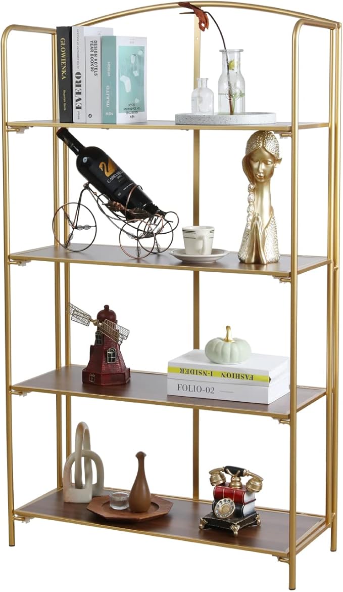 Crofy No Assembly Folding Bookshelf for Living Room, 4 Tier Gold Collapsible Book Shelf for Home Office, Portable Bookcase Storage Organizer