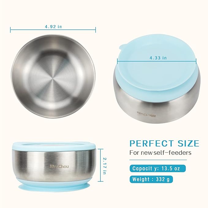 MR. CHOU Baby Bowls with Non-Slip Silicone Suction Cup, Insulated Double-Layer 304 Stainless Steel Toddler Bowls with BPA Free Airtight Lids, Food-Grade Silicone Safe for Kids (Blue)