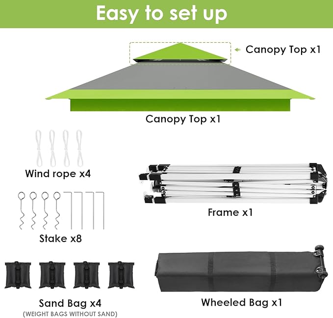 TLSUNNY 12X12 Pop Up Canopy Tent, Camping Shader W/Overhanging Eaves & Sand Bag, Outdoor Gazebo Shelter W/One Push Setup & Wheeled Bag, Height Adjustable, for Patio, Market, Party (Green, 12FTX12FT)