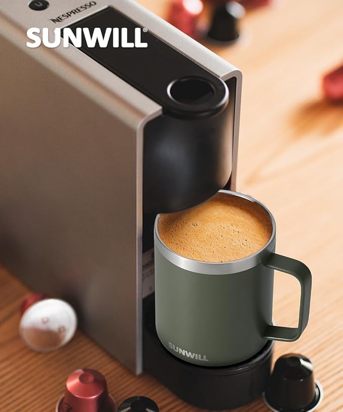 SUNWILL Travel Coffee Mug with Lid, Insulated Tumbler with Handle, 14 oz Stainless Steel Cup for Home, Office, Camping, Powder Coated Camp Green