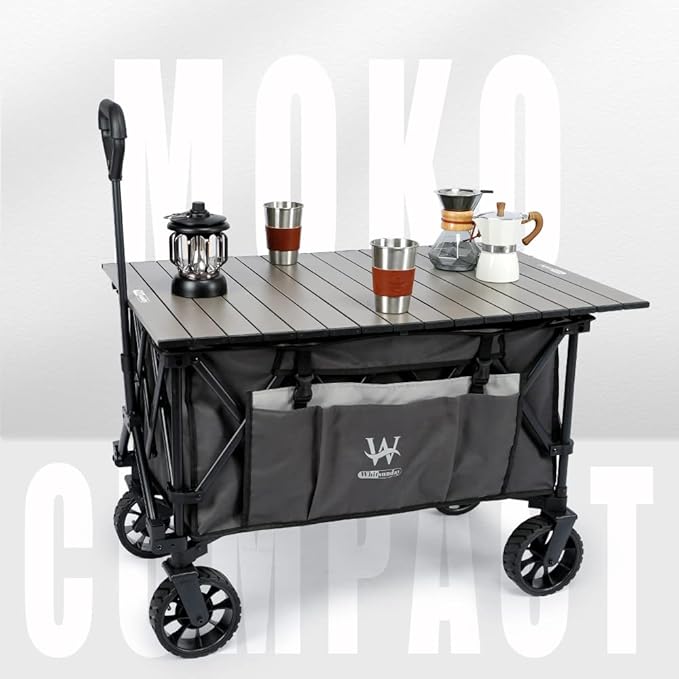 Whitsunday Folding Collapsible Utility Wagon, 400Lbs Heavy Duty Outdoor Park Beach Wagon with Table and Side Pocket for Garden Camping Sports Shopping Grey