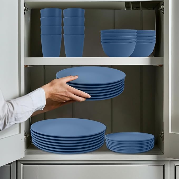 40Pack plates and bowls sets for kids - Unbreakable wheat straw dinnerware sets service for 8 - Alternative plastic 40pcs dishes for kitchen, camping and indoors dinning - (Blue)