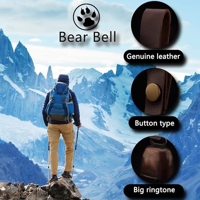kcrygogo Loud Bear Bells with Leather Button Strap and Emergency Whistle for Survival, Hiking, Biking, Fishing, Climbing(2sets