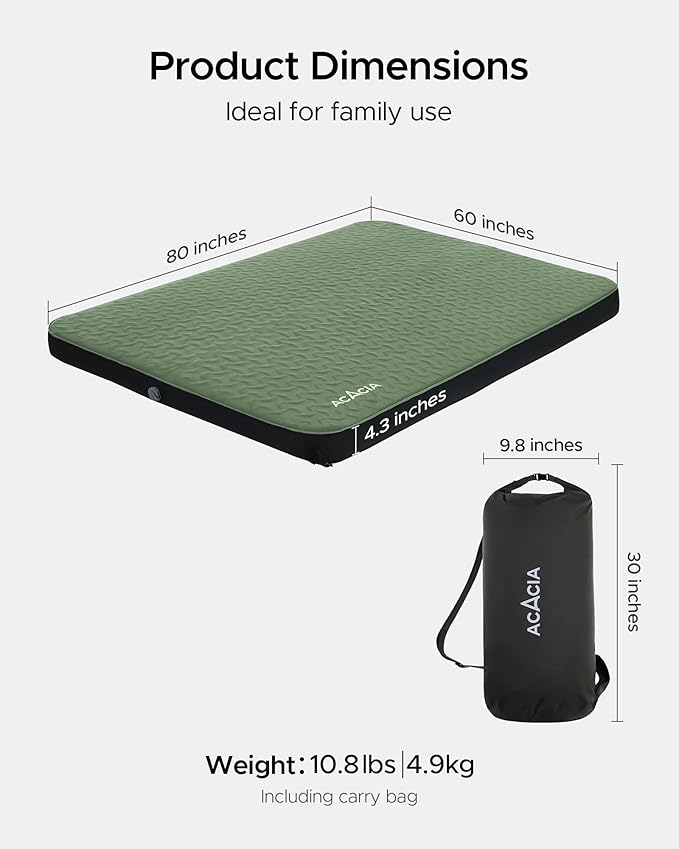ACACIA 4.3" Thick Self Inflating Sleeping Pad with Foam | Innovative Y-Shaped Telescopic Structure | Ultraportable Camping Mattress | Outdoor Compact Air Mat for Tent Car |