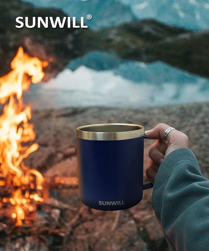 SUNWILL Travel Coffee Mugs Set of 4, Insulated Tumbler with Lid, 14oz Stainless Steel Cup with Handle Bulk for Gift, Camping, Office, Powder Coated Navy Blue