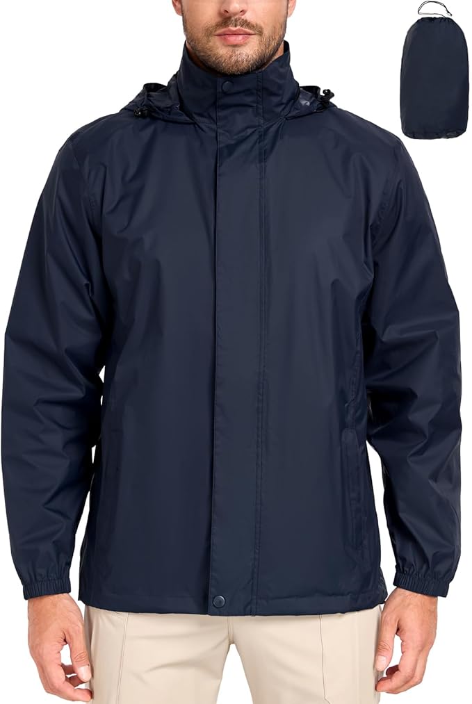MANSDOUR Men's Packable Rain Jacket Waterproof Lightweight Windbreaker Cycling Golf Hiking Reflective Raincoat with Hood