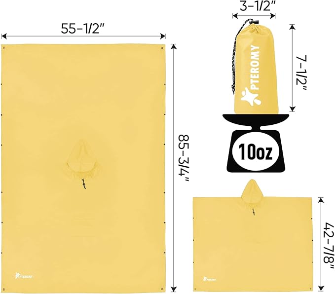 PTEROMY Hooded Rain Poncho for Adult with Pocket, Waterproof Lightweight Unisex Raincoat for Hiking Camping Emergency